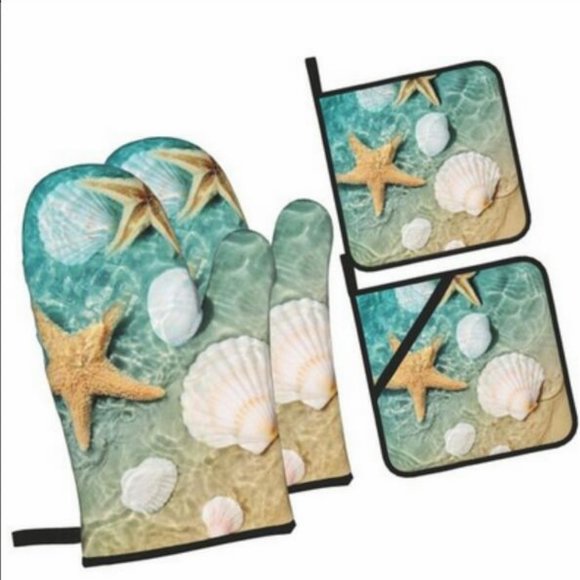 KUMI Accessories - Beach Coastal Starfish Seashell Oven Mitts and Pot Holders Set Kitchen Cooking